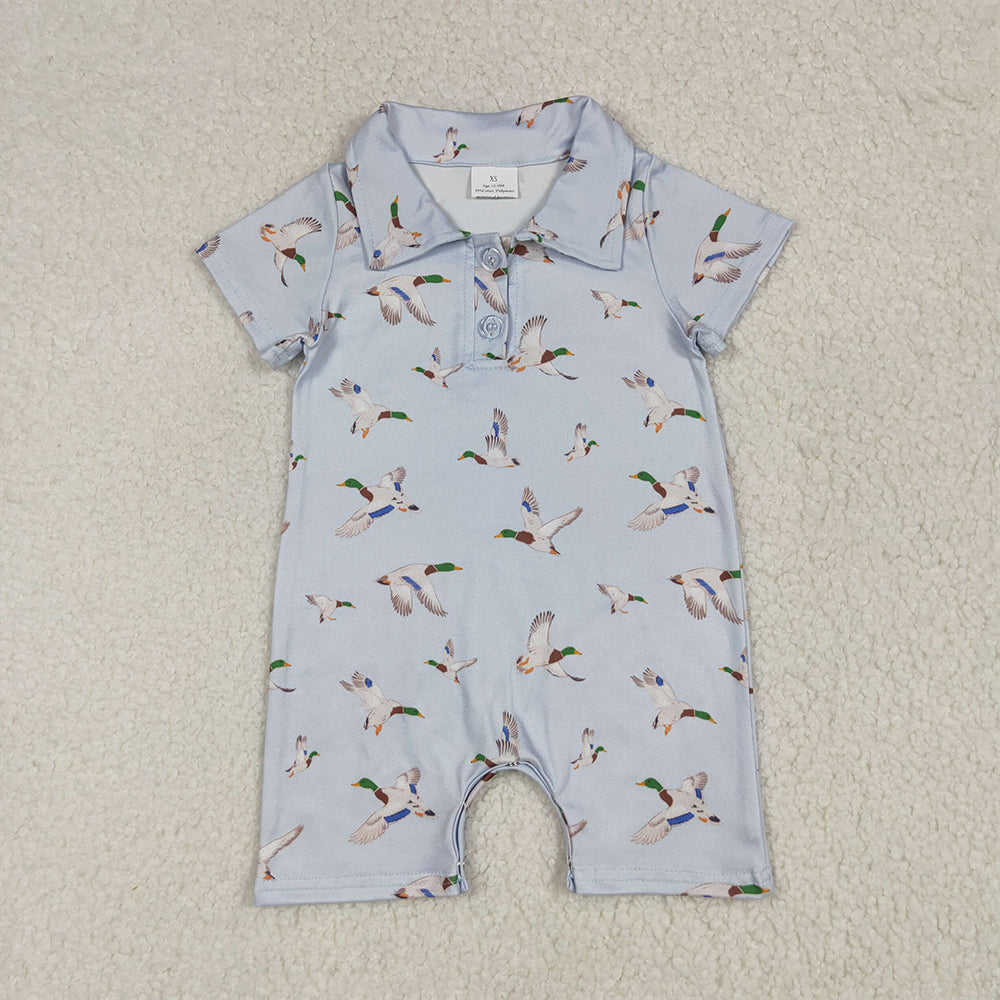 6.5 RTS NO MOQ Baby Boys Summer Bodysuit SR3032 Blue Short Sleeves Button Ducks Rompers
