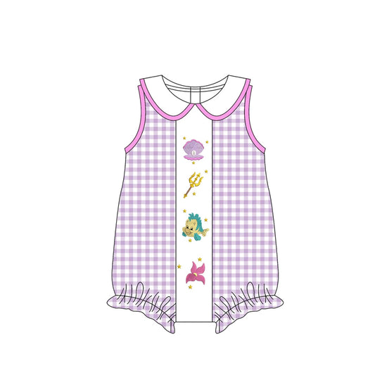 4.7 SR3033 Baby Girls Lavender Plaid Sleeveless Cartoon Fish Ruffle Rompers Pre order