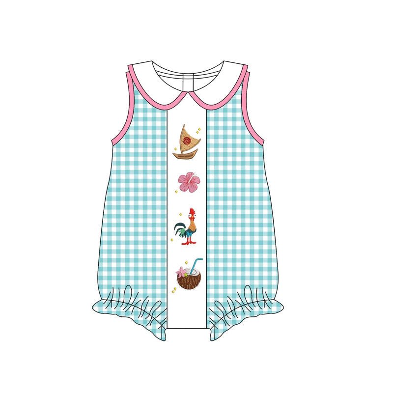 4.7 SR3034 Baby Girls Blue Plaid Sleeveless Floral Boats Ruffle Rompers Pre order