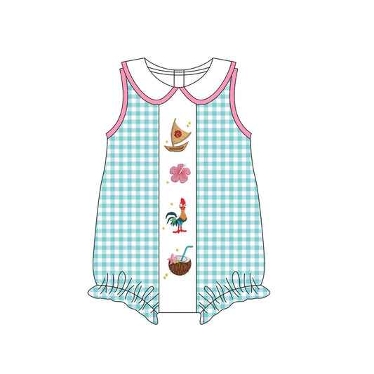 4.7 SR3034 Baby Girls Blue Plaid Sleeveless Floral Boats Ruffle Rompers Pre order