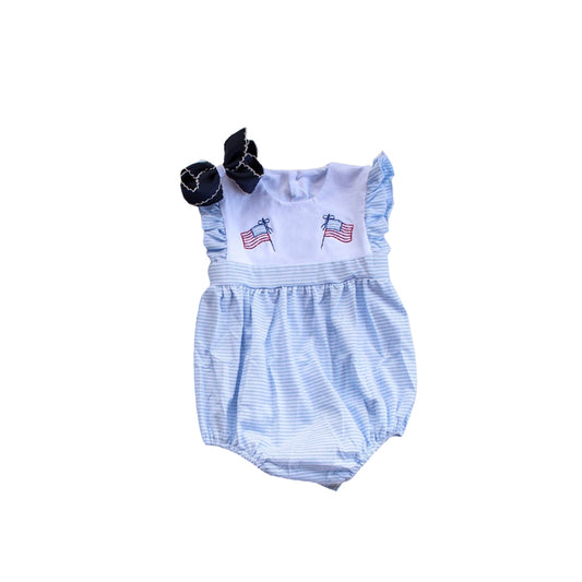 4.7 SR3035 Baby Girls Blue Flutter Sleeves Flags 4th Of July Ruffle Rompers Pre order