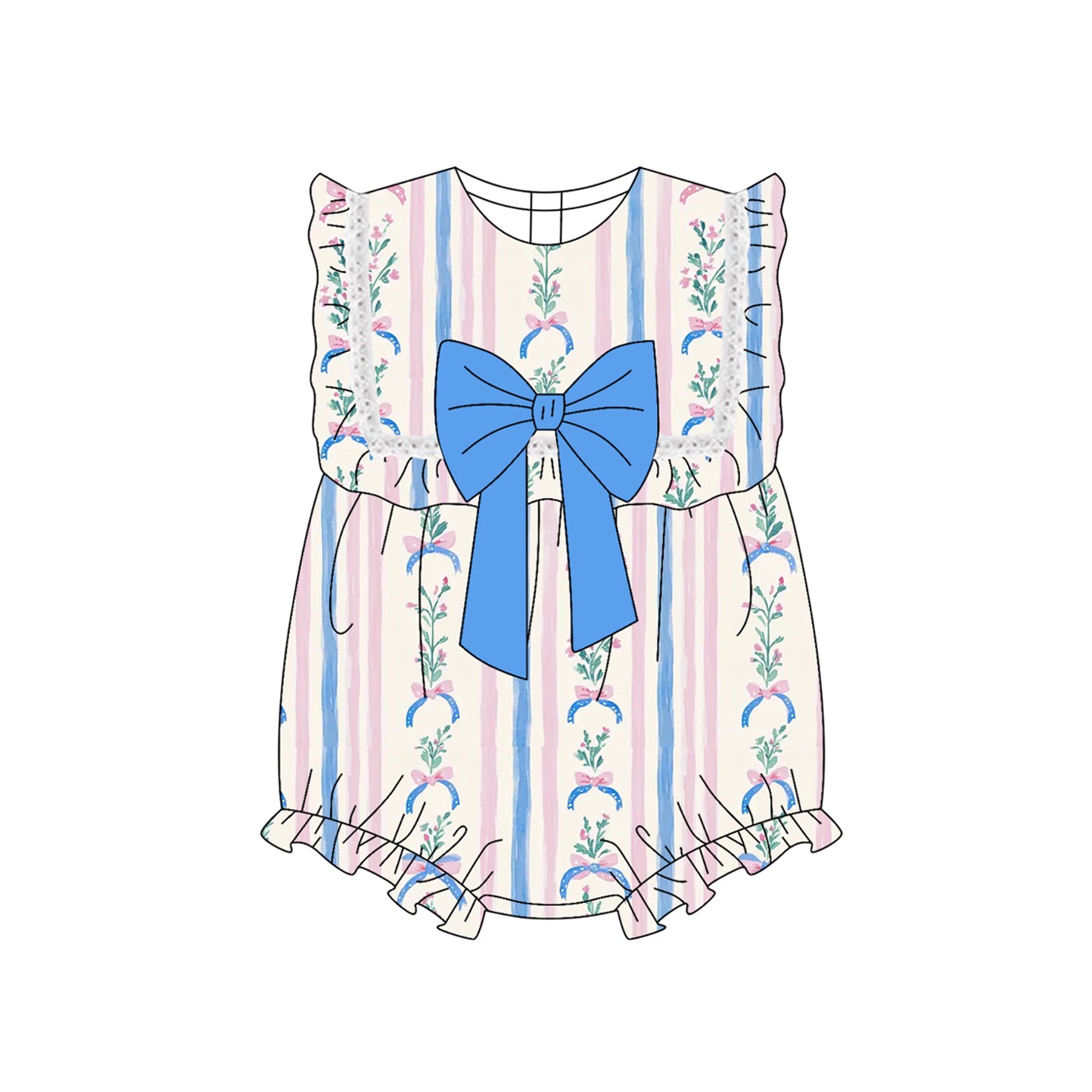 4.7 SR3045 Baby Girls Floral Stripe Blue Bow Ruffle Rompers Preorder
