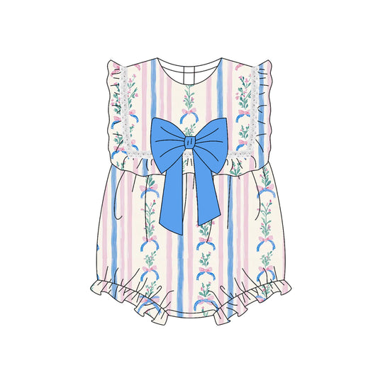 4.7 SR3045 Baby Girls Floral Stripe Blue Bow Ruffle Rompers Preorder