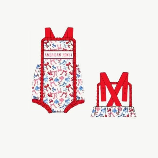 4.7 SR3048 Baby Girls Red Strap American Honey Blue Bows 4th Of July Rompers Pre order