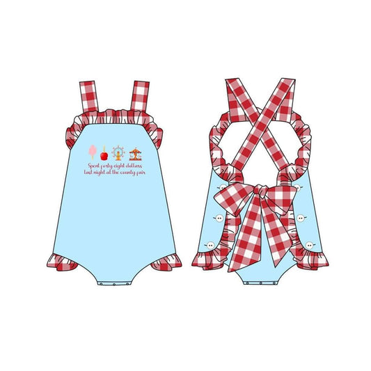 4.7 SR3055 Baby Girls Red Plaid Strap Park Backless Bow Ruffle Rompers Pre order