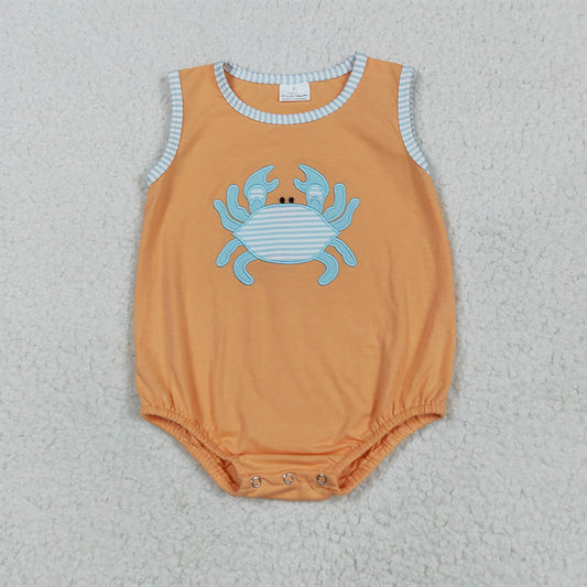 5.29 RTS NO MOQ Baby Boys Summer Bodysuit SR3058 Embroidery Sleeveless Crab Rompers