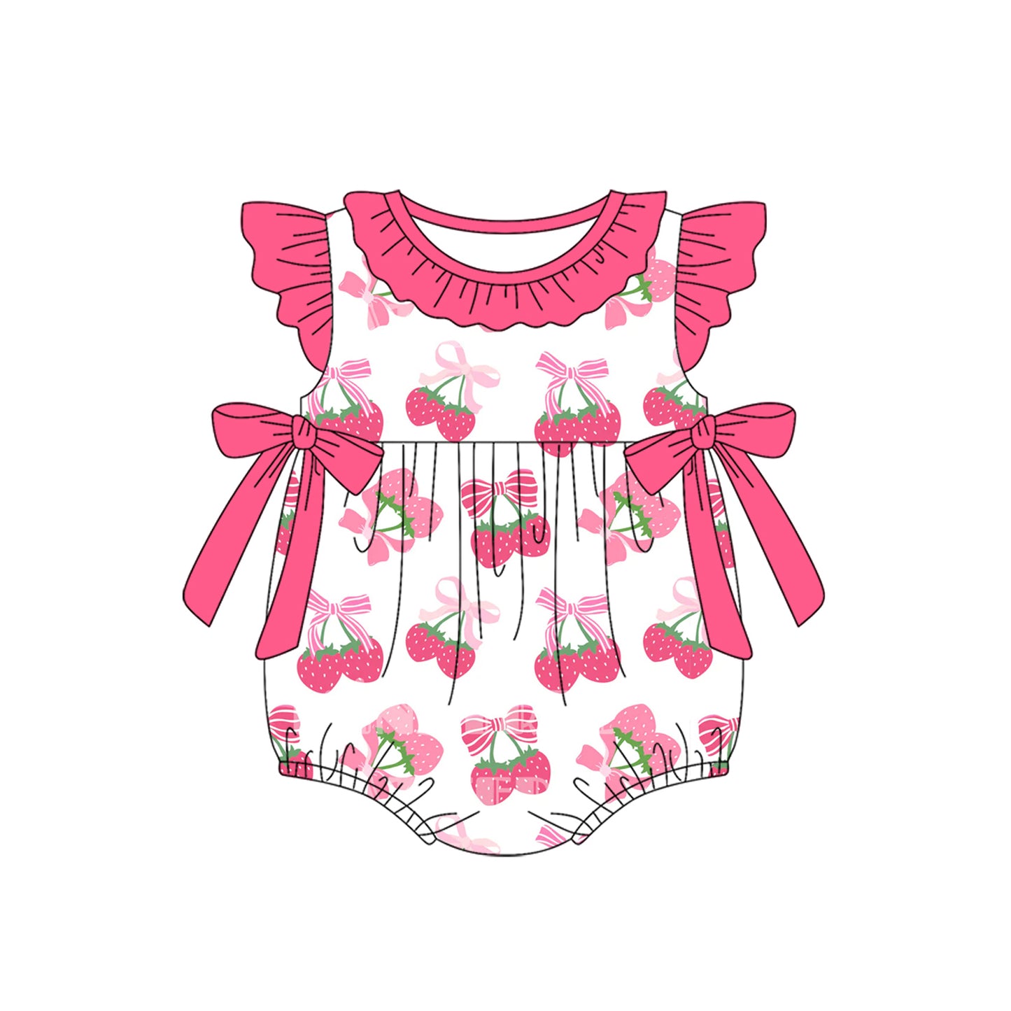 4.4 SR3059 Baby Girls Pink Flutter Sleeves Bows Strawberry Ruffle Rompers Pre order