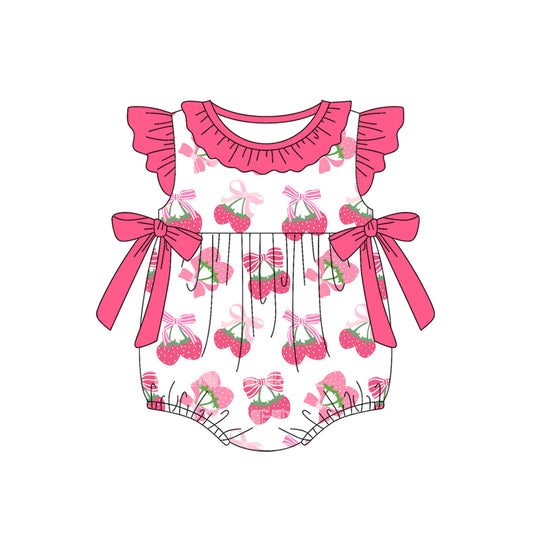 4.4 SR3059 Baby Girls Pink Flutter Sleeves Bows Strawberry Ruffle Rompers Pre order