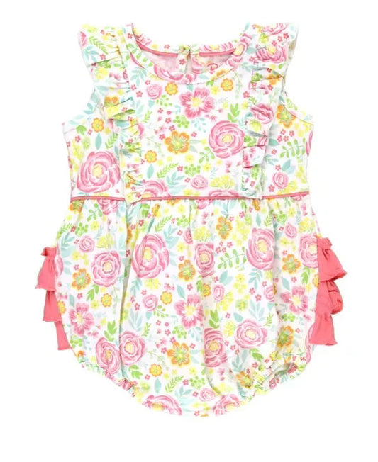 4.4 SR3060 Baby Girls Sleeveless Yellow Pink Floral Bubble Ruffle Rompers Pre order