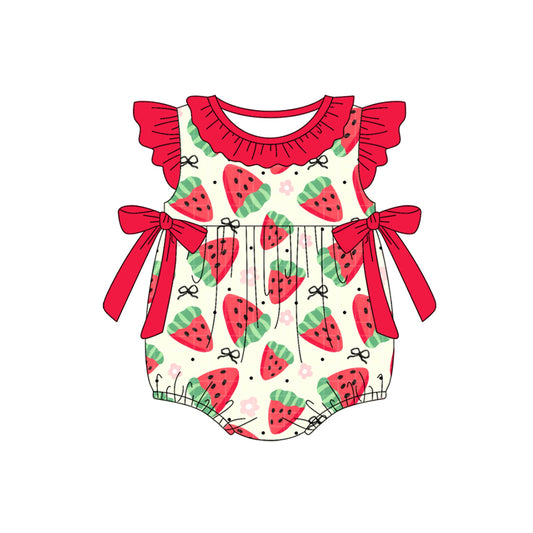 4.4 SR3062 Baby Girls Red Flutter Sleeves Bows Strawberry Ruffle Rompers Pre order