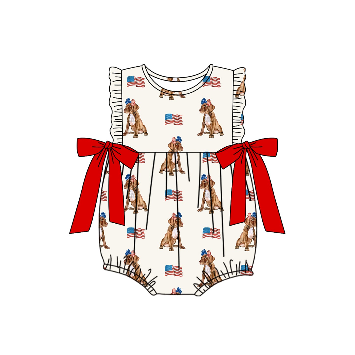 4.4 SR3063 Baby Girls Sleeveless Flags Dogs 4th Of July Ruffle Rompers Pre order