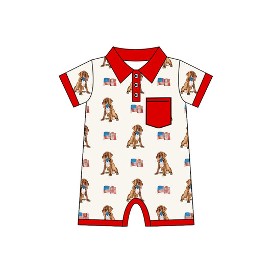 4.4 SR3064 Baby Boys Short Sleeves Button Pocket Flags Dogs 4th Of July Rompers Preorder