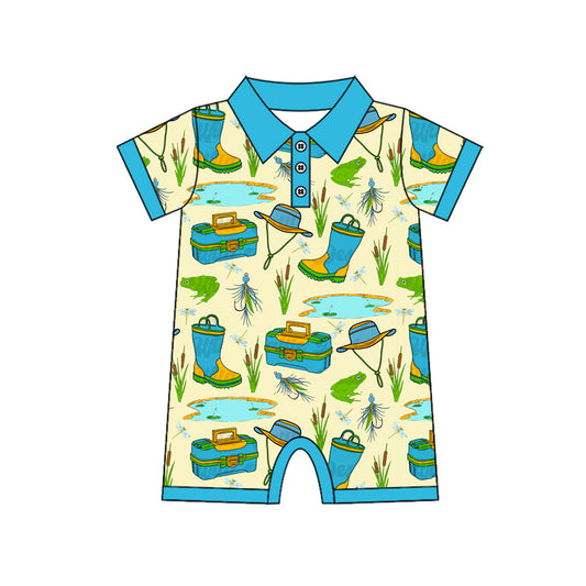 4.8 SR3065 Baby Boys Blue Short Sleeves Button Fishing Rompers Pre order