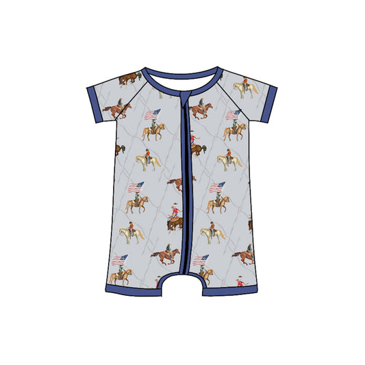4.8 SR3066 Baby Boys Hot Blue Horse Rodeo Flags 4th Of July Zipper Rompers Pre order