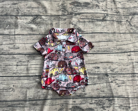 4.21 SR3068 Baby Boys Brown Short Sleeves Cartoon Hats Button Bummies Rompers Pre order