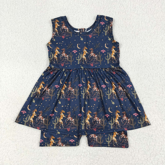 7.4 RTS NO MOQ Summer Baby Girls Bodysuit SR3071  Navy Sleeveless Horses Cactus Skort Jumpsuits