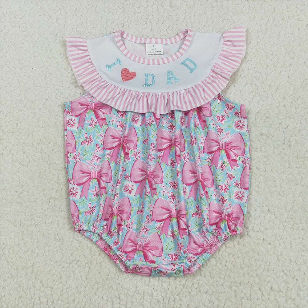 5.16 RTS NO MOQ Baby Girls Summer Bodysuit SR3089 Embroidery Pink I Love Dad Bows Floral Ruffle Rompers