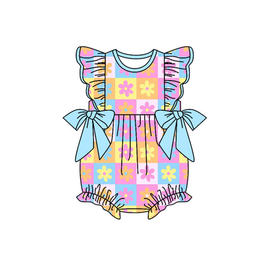 4.24 SR3090 Baby Girls Flutter Sleeves Bows Flowers Plaid Ruffle Rompers Pre order