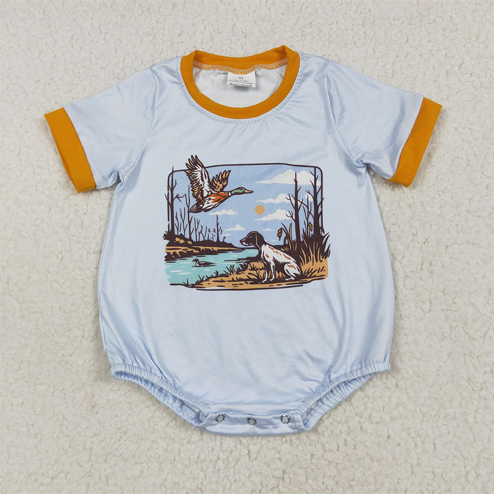6.28 RTS NO MOQ Baby Boys Summer Bodysuit SR3093 Blue Short Sleeves Duck Dog Rompers