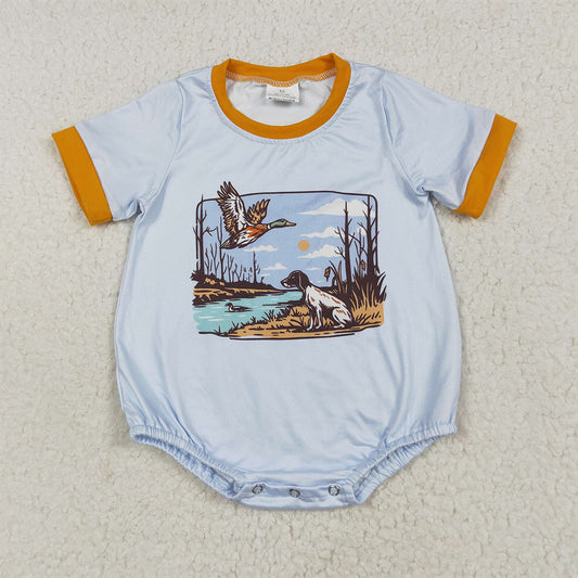 6.28 RTS NO MOQ Baby Boys Summer Bodysuit SR3093 Blue Short Sleeves Duck Dog Rompers