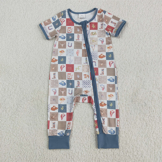 5.26 RTS NO MOQ Baby Boys Summer Bodysuit SR3098 Short Sleeves Boots Cactus Zipper Rompers