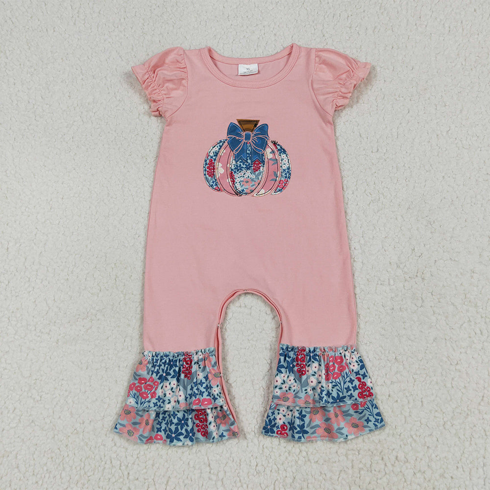 7.4 RTS NO MOQ Summer Baby Girls Bodysuit SR3112 Pink Short Ruffle Sleeves Floral Pumpkins Rompers