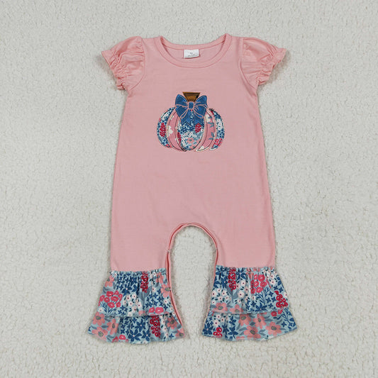 7.4 RTS NO MOQ Summer Baby Girls Bodysuit SR3112 Pink Short Ruffle Sleeves Floral Pumpkins Rompers