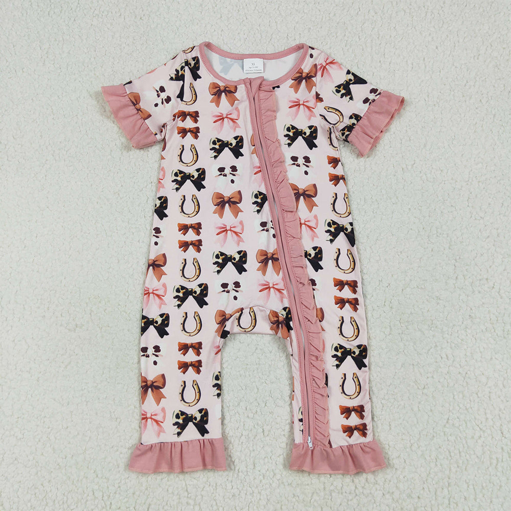 7.4 RTS NO MOQ Summer Baby Girls Bodysuit SR3116 Pink Western Bows Horse Shoes Zipper Rompers