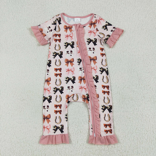 7.4 RTS NO MOQ Summer Baby Girls Bodysuit SR3116 Pink Western Bows Horse Shoes Zipper Rompers