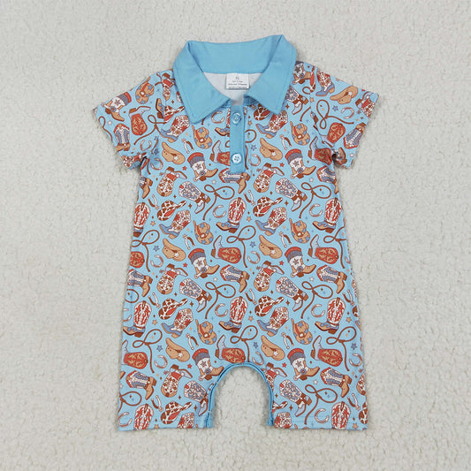 6.20 RTS NO MOQ Baby Boys Summer Bodysuit SR3128 Blue Short Sleeves Western Boots Hats Button Rompers