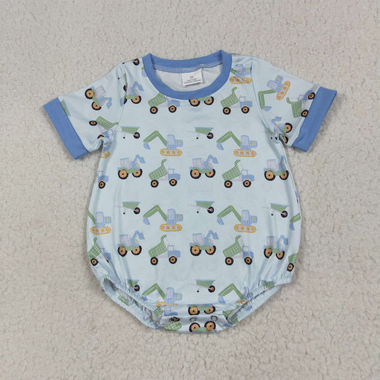 7.1 RTS NO MOQ Baby Boys Summer Bodysuit SR3142 Short Sleeves Blue Excavators Plaid Rompers