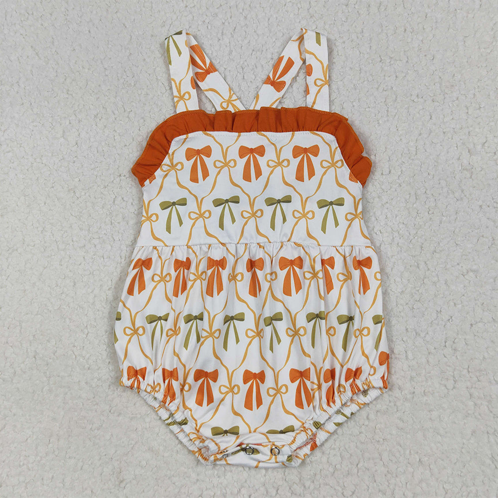 7.1 RTS NO MOQ Summer Baby Girls Bodysuit SR3148 Strap Orange Bows Plaid Ruffle Rompers
