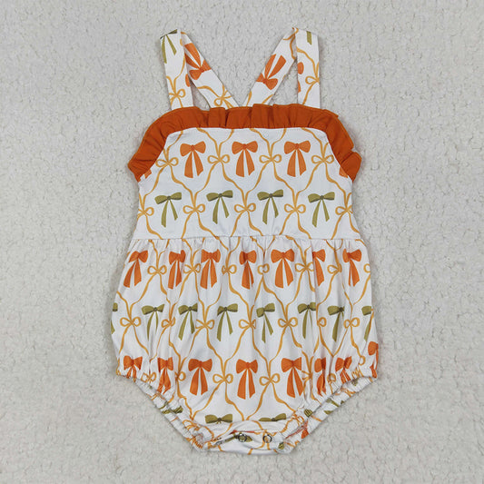 7.1 RTS NO MOQ Summer Baby Girls Bodysuit SR3148 Strap Orange Bows Plaid Ruffle Rompers