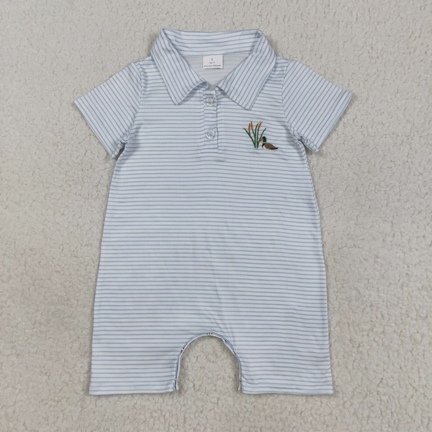 7.29 RTS NO MOQ Baby Boys Summer Bodysuit SR3149 Blue Stripe Short Sleeves Duck Button Shorts Rompers