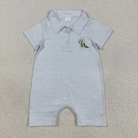 7.29 RTS NO MOQ Baby Boys Summer Bodysuit SR3149 Blue Stripe Short Sleeves Duck Button Shorts Rompers