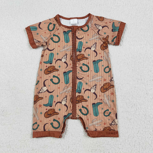 7.15 RTS NO MOQ Summer Baby Girls Bodysuit SR3155 Short Sleeves Brown Boots Hats Western Bull Zipper Rompers