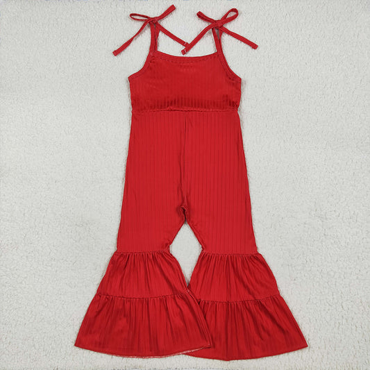 7.15 RTS NO MOQ Summer Baby Girls Bodysuit SR3163 Red Strap Bell Bottom Ribbed Jumpsuits