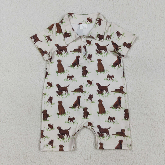 7.29 RTS NO MOQ Baby Boys Summer Bodysuit SR3174 Short Sleeves Button Dogs Plaid Shorts Rompers