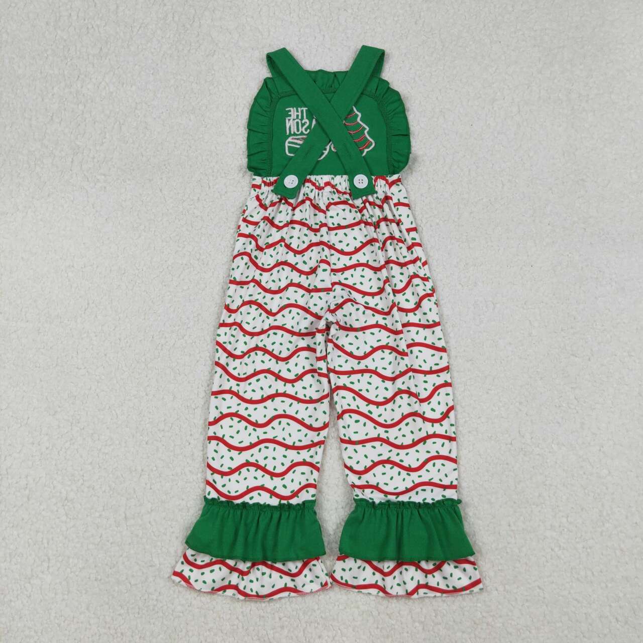 RTS Sibling Baby Girls Kids Embroidery Cakes Tree Christmas Green Jumpsuit Set Clothes