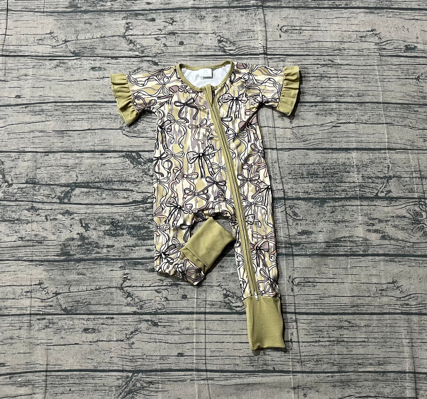 Baby Girls Kids Short Sleeves Camo Bows Zipper Sleeper Footie Romper RTS