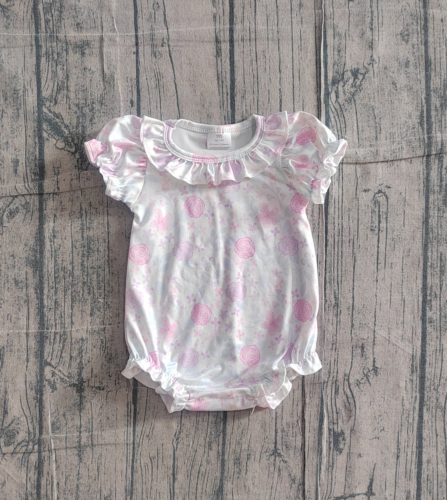 ( No moq ) Preorder Baby Girls Infant Short Sleeves Purple Pink Flower Ruffle Romper