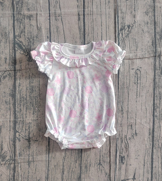 ( No moq ) Preorder Baby Girls Infant Short Sleeves Purple Pink Flower Ruffle Romper