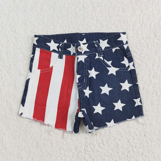 RTS NO MOQ Baby Girls Summer Pants SS0168 4th Of July Stripes Stars Denim Shorts