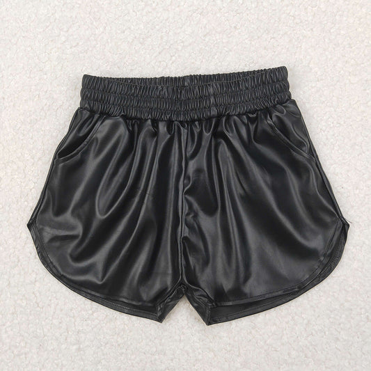 RTS NO MOQ Kids Girls Summer Shorts Black Pocket Leather Elastic Bottom Shorts