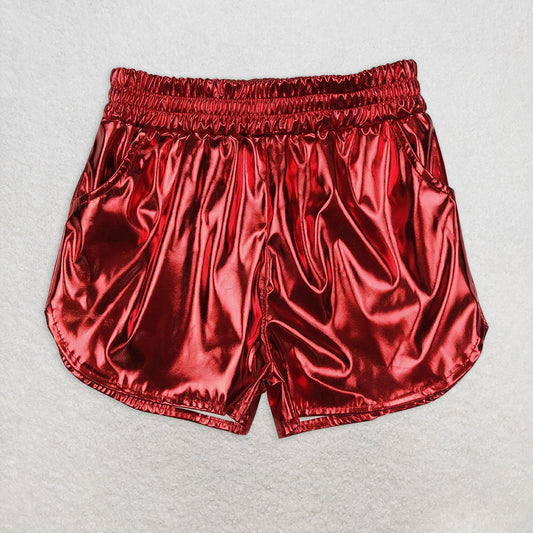 5.26 RTS NO MOQ Baby Girls Summer Pants SS0415 Red Pocket Leather Metallic Elastic Bottom Shorts