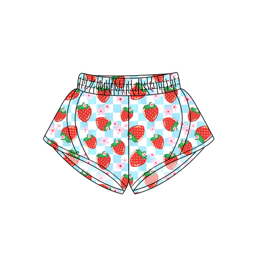 4.14 SS0499 Baby Girls Blue Plaid Strawberry Flowers Yoga Shorts Bottoms Pre order