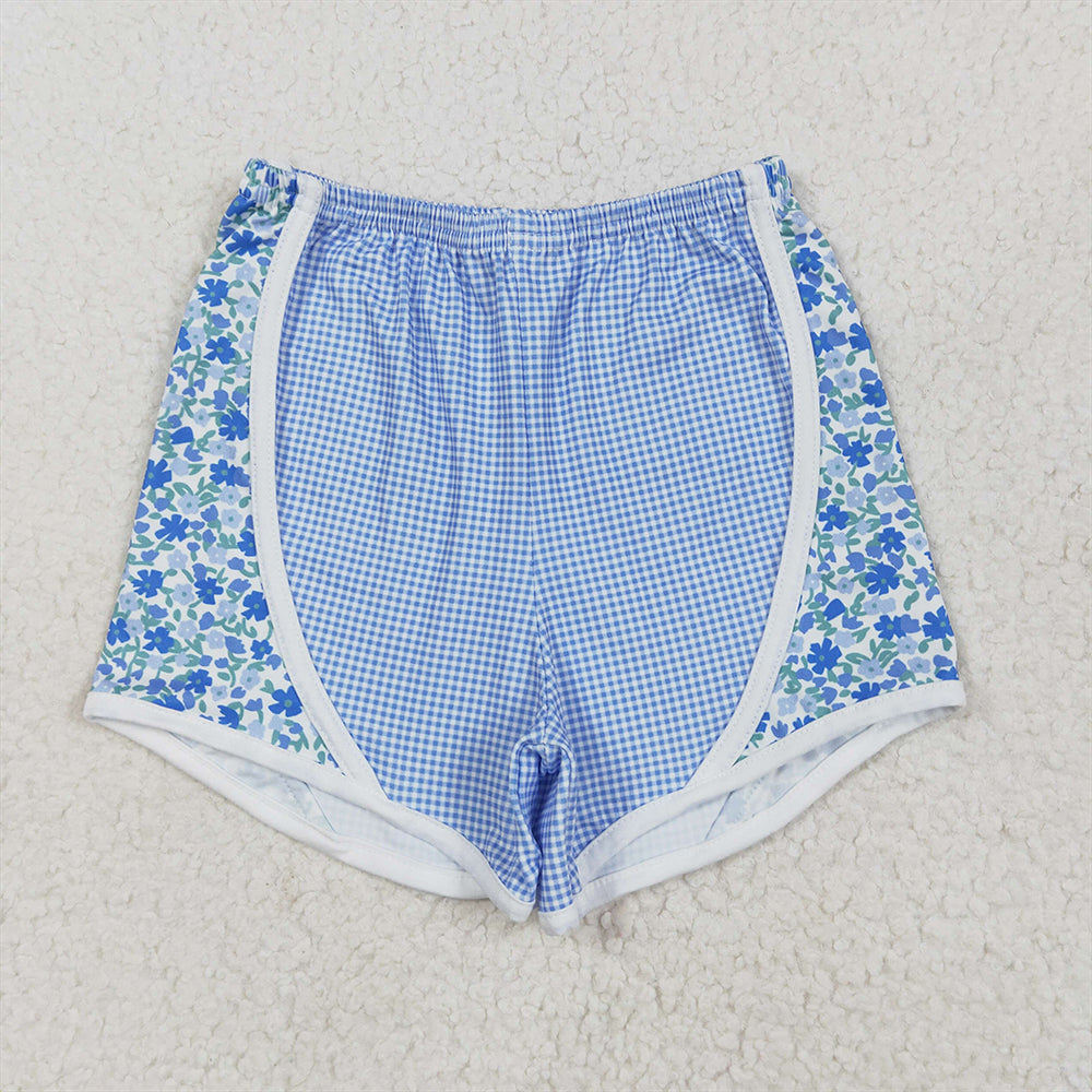 5.14 RTS NO MOQ Baby Girls Summer Pants SS0519 Light Blue Plaid Floral Shorts Bottoms