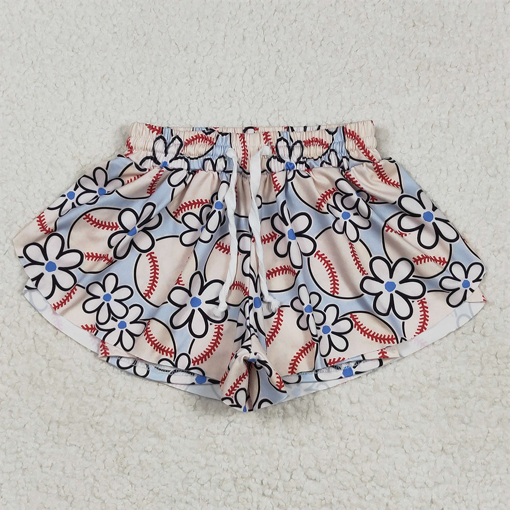 RTS NO MOQ Baby Girls Summer Pants SS0581 Light Blue Baseball Flowers Shorts Bottoms