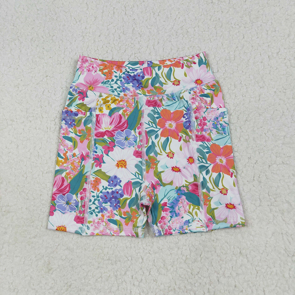 7.4 RTS NO MOQ Baby Girls Summer Pants SS0614 Pink Floral Yoga Short Bottoms