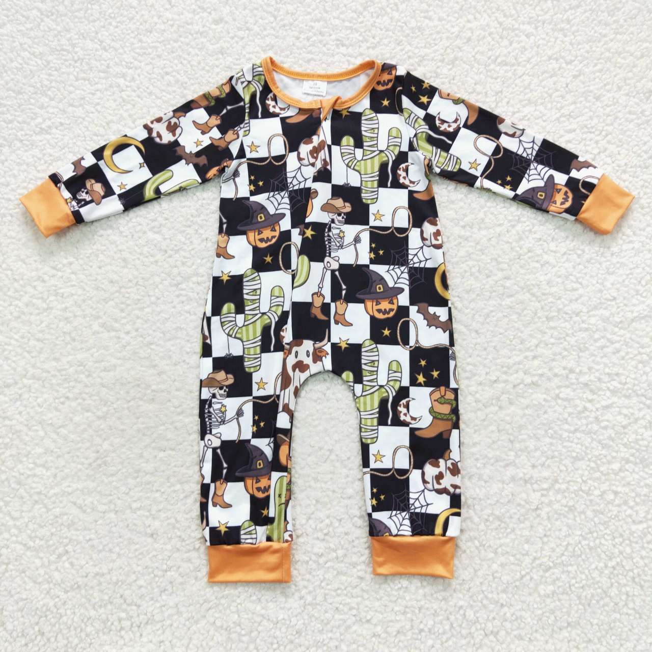 LR0404 Cactus pumpkin black and white checkered zip-up long-sleeved onesie